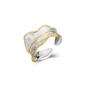 S925 Ayar Gümüş Basit İnci Yüzük Ins Soğuk Rüzgar Yaratıcı Moda Kişilik Renk Ayrımı Altın kaplama Açık Halka Kadın