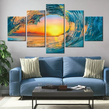 Deniz Dalga Altın Güneş Tuval Boyama Deniz Manzara Duvar Resmi Oturma Odası dekorasyon için duvar boyaması Beş Parçalı Set Posteri