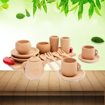 1 Takım Ahşap Sofra Araçları demlik çay bardağı Çay Saati Parti Oyun Oyuncak Dollhouse Minyatür Mutfak Sofra Çocuklar için Oyuncaklar