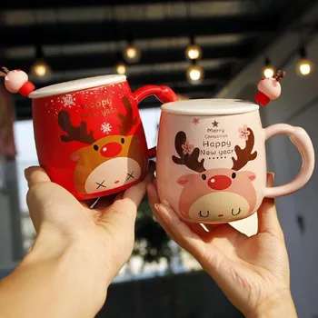 350ml Seramik Kupa Yaratıcı Kahve kapaklı bardak Ve Kaşık Çay Süt Bardak Çocuk Noel Elk Kupalar Çocuklar Hediye Kırmızı Pembe çift bardakları