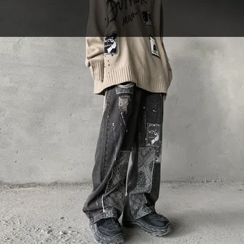Hip-hop Retro Kaju Çiçek Patchwork Geniş Bacak Kot Kadın Streetwear Gevşek Sıçrama Mürekkep Örtüsü Graffiti Kot Pantolon Erkekler için