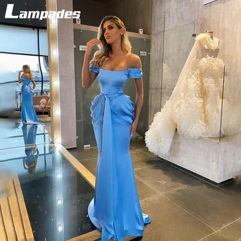 Kapalı Omuz Kılıf Saten Uzun Mavi Abiye Pick Up Uzun Elbiseler Kadınlar İçin Parti Düğün Akşam Vestidos Mujer
