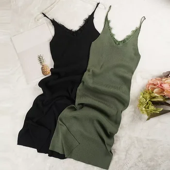 Yeni Kadın Spagetti Kayışı Elbiseler Bölünmüş V Yaka Dantel Patchwork Örme Elbise Bayanlar Kolsuz Bodycon Tank Elbise Vestidos P022