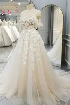 Zarif Bir Çizgi düğün elbisesi Kapalı Omuz ışık Şampanya Tül Dantel Aplike Çiçek Uzun Örgün Gelin Kadınlar gelin kıyafeti Özel
