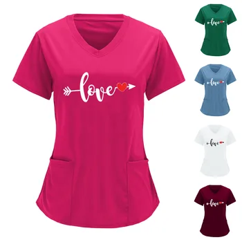 Kadın Gömlek Kadın Rahat V Boyun Sevgililer Günü Baskılı Kısa Kollu Çalışma Gömlek Üst İş Gömlek Kadın Yaz