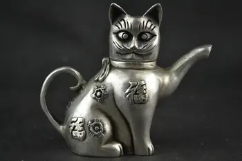 Ayrıntılı Çin Koleksiyon Süslemeleri İşi Eski Tibet gümüş kedi heykeli Şanslı çay potu