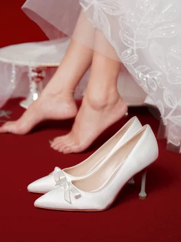 Ana düğün elbisesi Fransız Gelin Ayakkabıları Giymek Beyaz yüksek topuklu ayakkabılar kadın İnce Topuk papyon İpek ve Saten Gelinlik Ayakkabıları