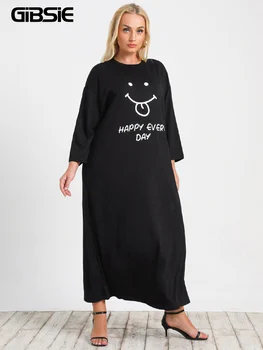 GIBSIE Artı Boyutu Mektup Grafik Siyah gece elbisesi Kadın İlkbahar Sonbahar Casual Kadın Pijama O-Boyun Uzun Kollu Elbiseler Kıyafeti