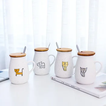Karikatür Kedi Gypsophila Yaratıcı Büyük Göbek Seramik Kupalar Çift Sevgilisi Kahvaltı Ofis Süt Çay Kahve kapaklı bardak ve Kaşık