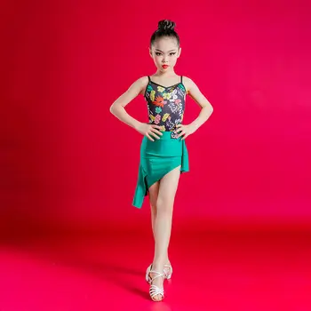 2021 Latin Dans Elbise Çocuk Sling Baskı Üst Kızlar Bölünmüş dans eteği Rekabet Balo Salonu Performans Giyim Kız Elbise