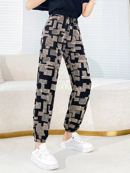 Kadınlar Yeni Demet Ayak Moda Gevşek Geometrik Baskı Pantolon Yaz İnce Harajuku Streetwear Harem Pantolon Bayanlar Şık 3XL 4XL