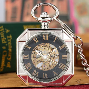 Altın Romen Rakamı Gümüş Kare Mekanik cep saati Erkekler Antika El Sarma Fob Cep Zincir Kolye Manuel Timepiece Hediye
