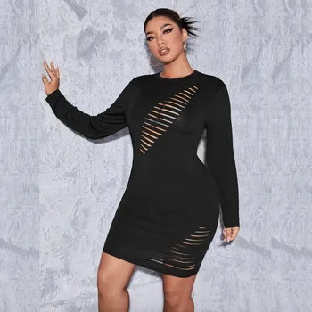 L-5XL Artı Boyutu Kadın Giyim Zarif Katı Cut Out Bodycon Elbise Siyah Seksi Mini Etek Parti Elbiseler Büyük Boy Kadın Giysileri