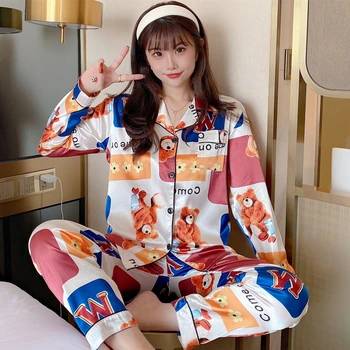 Yeni buz ipek pijama kadın ince uzun kollu hırka takım elbise gerçek ipek takım elbise pijama takımı pijama kadın loungewear