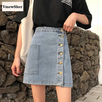 VmewSher Yeni Yaz Kadın Kot Etek Düzensiz Tek Göğüslü Moda Cepler Bayan Zarif Kısa Mini Jean Etekler 2020 Şık