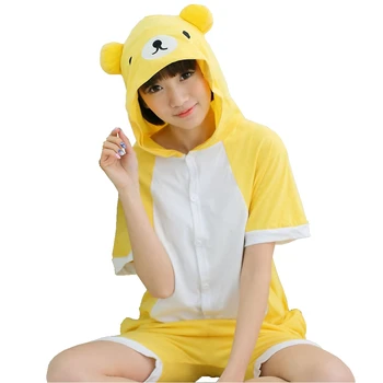 Yaz Pamuk Yetişkin hayvanlı pijama Karikatür Pijama Rilakkuma Ayı Pijama Anime Kigurumi Kadın Erkek Kısa Onesie Kapüşonlu Giysiler