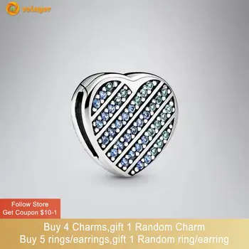 Volayer 925 Ayar Gümüş Mavi Pavé Kalp Klip Charm fit Orijinal Pandora Bilezikler Kadınlar DIY Takı Yapımı için