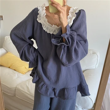 Ruffles Ev Takım Elbise Vintage Kore Pijama Kawaii Gevşek Yumuşak pamuklu gecelik Harajuku Ev Giysileri Uzun Pantolon Gecelik Sevimli