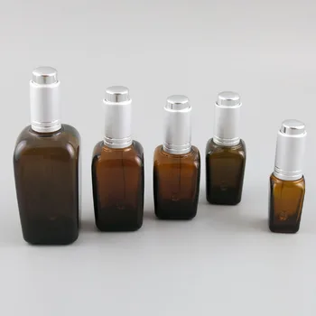 15 adet 10/25//35/50/100ml Boş Amber Kare Cam Damlalıklı şişeler Alüminyum Gümüş Kapaklı Aromaterapi Uçucu Yağlar Şişe
