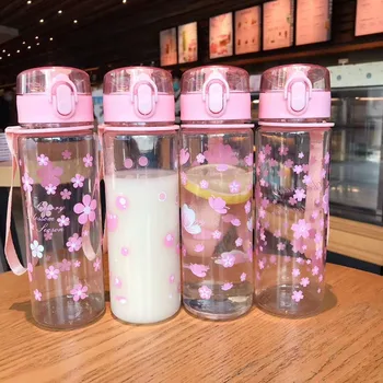 500ml Pembe Basit Şeffaf Çiçek Aşk plastik Bardak Küçük Taze Edebi Fincan Erkekler ve Kadınlar Taşınabilir Çift Pop Kapaklı Su Bardağı
