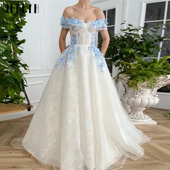 JEHETH Balo Elbiseler Tül Bir Çizgi Fermuar Geri Prenses Akşam Parti Önlük Vestidos Omuz 3D Çiçek De Gala Kapalı Zarif 