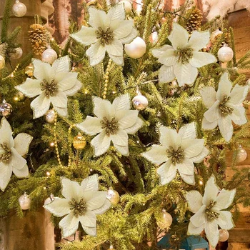 10 ADET 13cm Noel yapay çiçek Süsler Glitter Kumaş Çiçekler Noel Ağacı Çelenkler Garland Dekorasyon Ev Düğün için