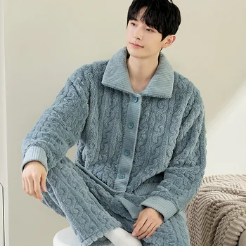 Yeni Erkek Pijama Sonbahar 2023 Kış Çift taraflı Mercan Polar Ev Giysileri Adam Düz Renk Artı Boyutu Sıcak pijama takımı