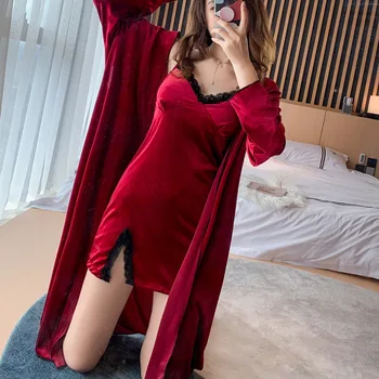 Uzun Elbise ve Gecelik Seti Seksi Pijama Kadife Kadın Kimono Bornoz Elbisesi Yumuşak Salon Kıyafeti Kadife Kıyafeti Gevşek Ev Giysileri