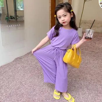 2022 Yaz Japonya Kore Yeni çocuk Giyim Kız Kore Pamuk Yumuşak Rahat Kısa Üst Gömlek + Geniş Bacak Pantolon çocuk Takım Elbise