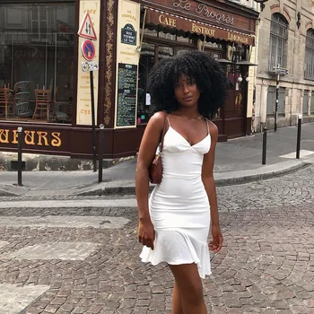 Zarif V Boyun Ruffles Askı Seksi Bodycon Elbise Kadınlar İçin 2022 Yaz Kolsuz Ofis Bayan Vintage Parti Beyaz Elbise