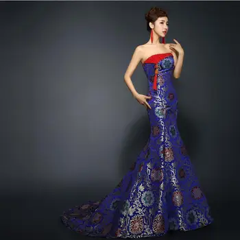 Geleneksel Çin giyim uzun tarzı kadın Çekici Seksi Qipao mavi cheongsam Oryantal kostüm
