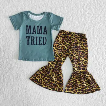 Çocuk giyim kız kıyafetler setleri mama denenmiş baskı tasarım kısa kollu leopar çan dipleri pantolon 2 adet eşleşen hotsale giysileri