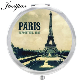 JWEIJIAO Eyfel Kulesi makyaj aynası Paris fuarı 1889 Cam Cabochon Katlanır Yuvarlak kompakt El cep Büyüteç Ayna espejo