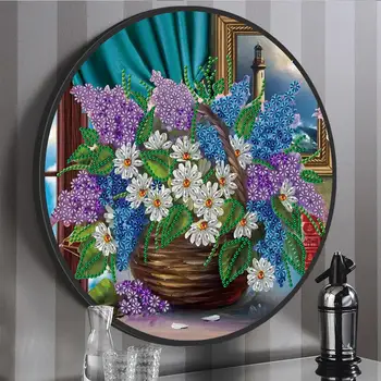 Mor Çiçek Desen Elmas Boyama Yuvarlak Çerçeve İle DIY 5D Elmas Nakış Çapraz Dikiş ev duvar dekorasyonu Hediye