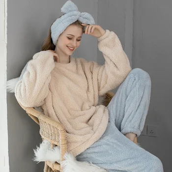 Iki Parçalı Kadın Pijama Setleri Mercan Polar Kalınlaşmak Artı Kadife Eşofman Kış Sıcak Pijama Rahat Salon Giyim Gecelik 2XL