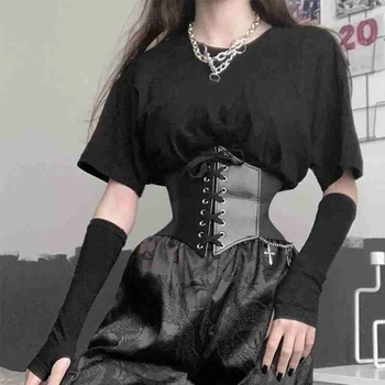 Kadın Korse Kemer Gotik Moda PU Deri Kadın Dantel-up Korse Kemerler Zayıflama Bel Vintage Korse Siyah geniş Kemer Kız İçin