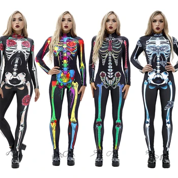 8 Stil Cadılar Bayramı Cosplay Kostümleri Kadınlar için Yetişkin Korkunç İskelet Bodysuit Baskı Uzun Kollu Karnaval Parti Hayalet Kafatası Elbise