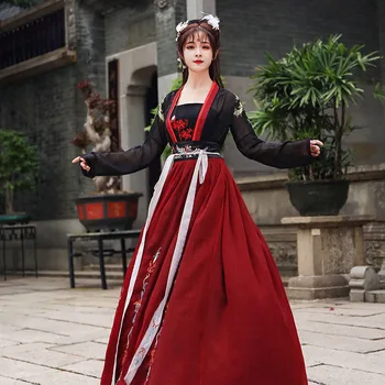 Çin Geleneksel Elbise Kadın Peri halk dans kostümü Oryantal Nakış Hanfu Siyah ve Kırmızı Sahne Performansı Kıyafet