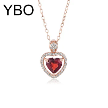 YBO Kalp Taş Kolye Kolye Kadın Gümüş 925 Lüks Takı Doğal Kırmızı Garnet Klavikula Zincir Parti Kalma Mücevherleri