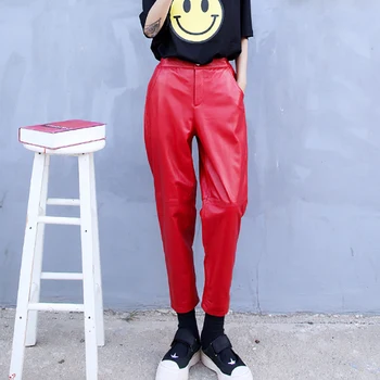 Kadın Hakiki Deri Pantolon Yüksek Bel Uzun Zarif Harem cepli pantolon Kadın Pantolon Moda Pantolon Siyah Kırmızı Şık 3XL