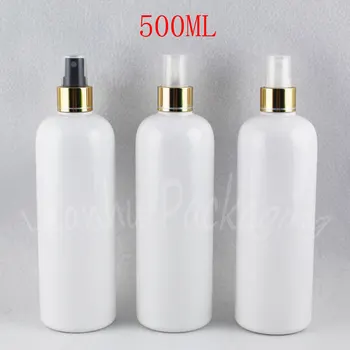 Altın Sprey Pompalı 500ML Beyaz Yuvarlak Omuz Plastik Şişe, 500CC Toner / Su Paketleme Şişesi, Boş Kozmetik Konteyner