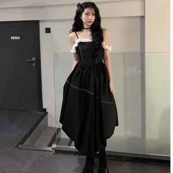 Gotik Koyu kadın Elbise Fransız Pilili Mizaç Kolsuz Askı evaze elbise Yaz 2022 Yeni