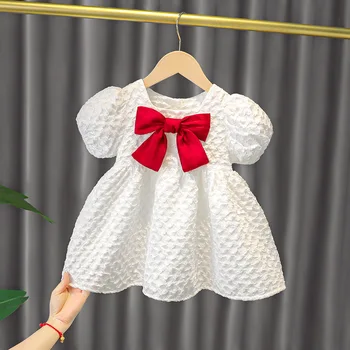 Yaz Moda Bebek Kız Puf Kollu Yay Elbise Kore Tarzı Kız Tatlı Kısa Kollu Prenses Elbise Elbise