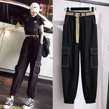 Siyah kadın Kargo Pantolon Gevşek Geniş Bacak Spor Joggers Pantolon Yüksek Bel Streetwear Harajuku Kore Tayt Artı Boyutu 4xl 5xl