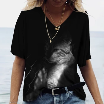 Moda Kadın Bluzlar 2023 T-shirt kadın 3d Kediler Baskı Siyah Kawaii T Shirt Kadın Giyim Büyük Boy Yaz Bayanlar V Yaka Üst
