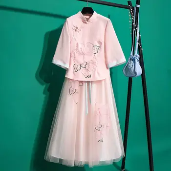 2022 İşlemeli Keten pamuklu bluz Bahar Sonbahar Çin Geleneksel Hanfu Süper Peri Büstü Şifon Etek Takım Elbise Kız Öğrenci Seti