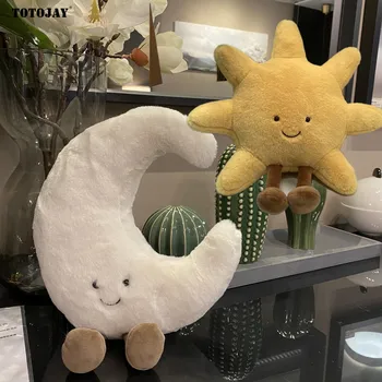 Ins Sıcak Gülümseme Yüz Beyaz Ay Sarı Güneş Peluş Dolması Sevimli Karikatür Güneş Ay Hava peluş oyuncak Çocuklar için yatak odası dekoru Kanepe