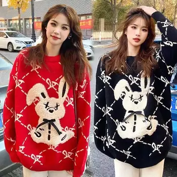 2022 Noel Kırmızı Vintage Karikatür Polar Tavşan Nakış Kazak Kalınlaşmak Kış Giysileri Kadın Kızlar Harajuku Kawaii Y2K Tops