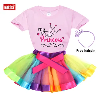 Kız renk karikatür baskı gömlek Set kız elbise setleri prenses kız Set doğum günü kız elbise parti 2 adet ışık elbise+T gömlek