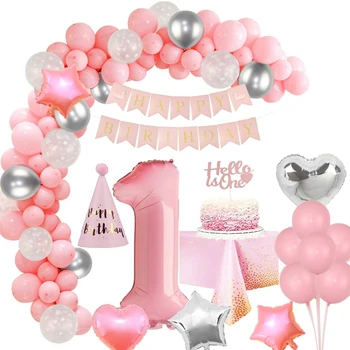 44 adet / takım Pembe 1st Doğum Günü Partisi Süslemeleri Bir Yıl Kız Balon Garland Kek Topper Masa Örtüsü Şapka İlk Doğum Günü Kız Parti